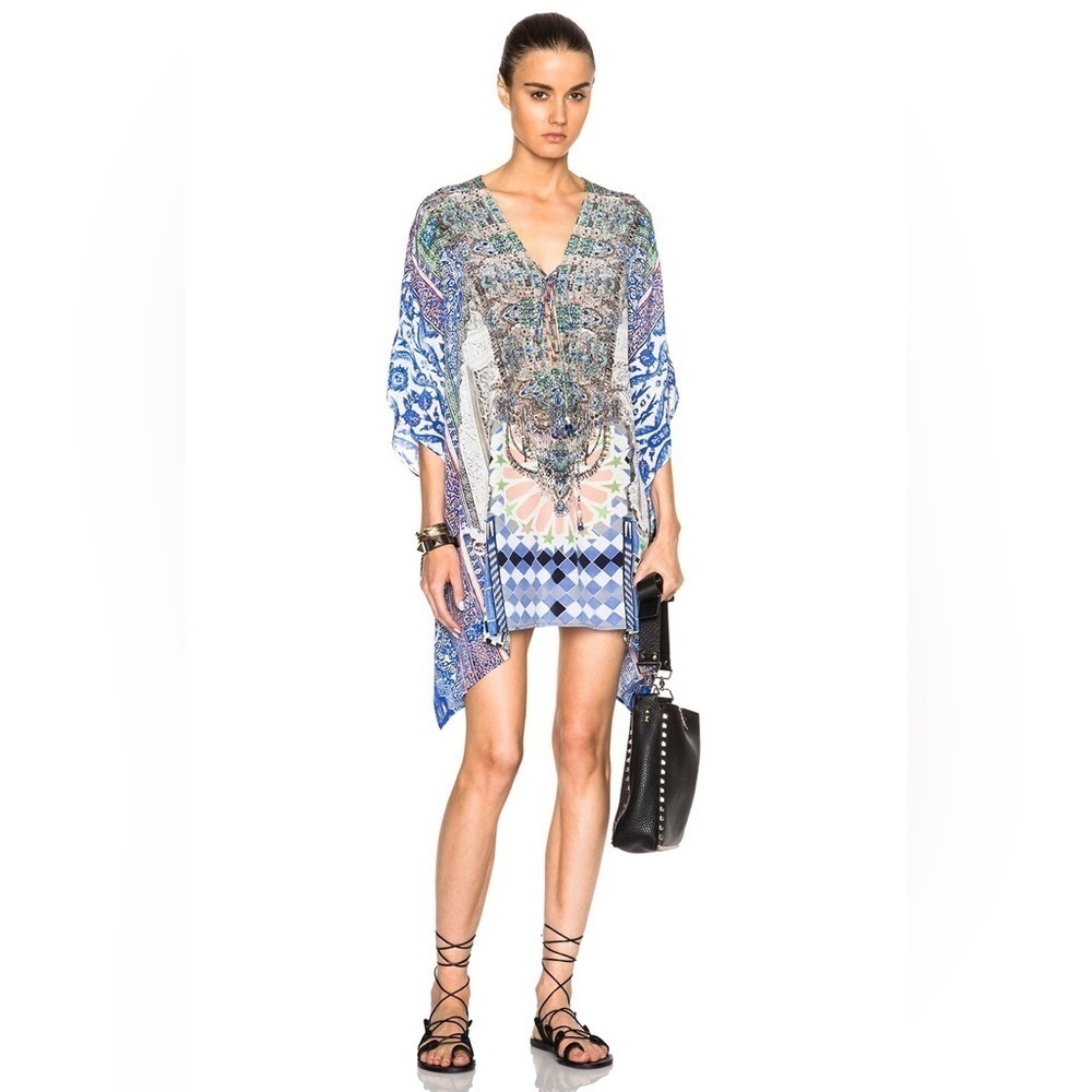 Camilla Blue White multicolor bejeweled Rainbow warrior Kaftan mini dress OS NWT